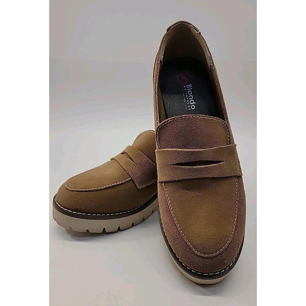 BLONDO Dulce Tan Suede Waterproof Loafers Lug Sole Chunky Heel Size 8 EUC